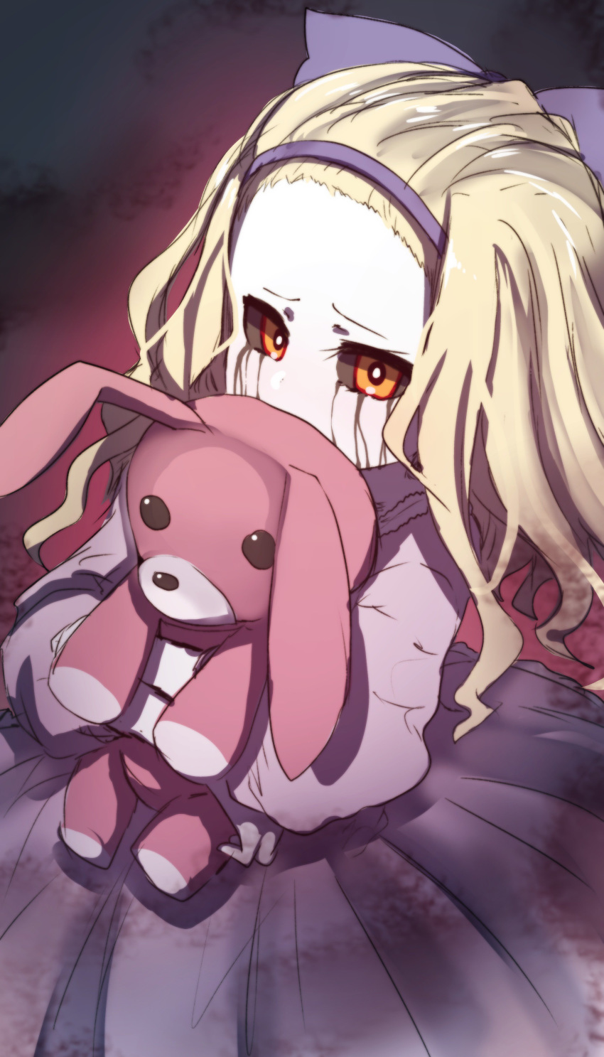 absurdres bad_id bad_twitter_id black_sclera black_tears blonde_hair bow colored_sclera colored_tears commentary_request covered_mouth crying crying_with_eyes_open dress female forehead hairband hairbow highres holding holding_stuffed_toy hugging_object long_hair long_sleeves looking_at_viewer orange_eyes original pink_dress pleated_dress purple_bow purple_hairband red_background solo stuffed_animal stuffed_rabbit stuffed_toy tears wada_kazu