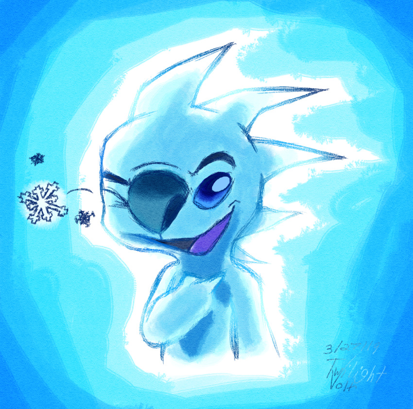 2019 alien blue_and_white blue_background blue_body blue_eyes blue_nose blue_theme disney experiment_(lilo_and_stitch) hi_res icy_body lilo_and_stitch looking_at_viewer monochrome one_eye_closed open_mouth open_smile purple_tongue signature simple_background slushy_(lilo_and_stitch) smile snowflake solo tongue twilightvolt wink