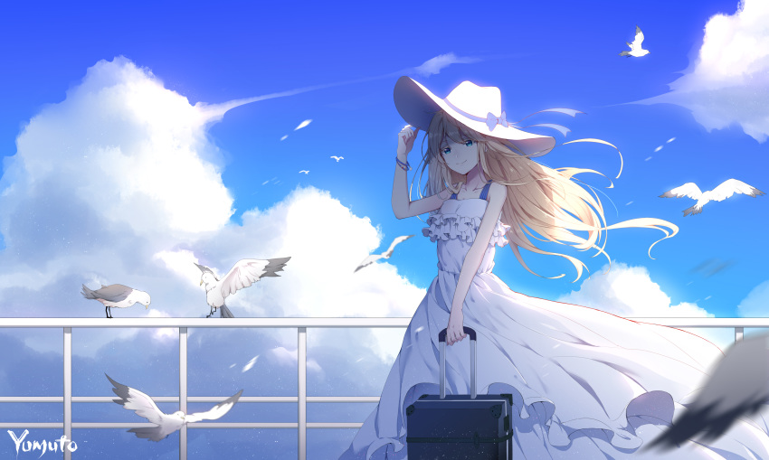 absurdres artist_name bird blonde_hair blue_bow blue_eyes blue_ribbon blue_sky bow bracelet cloud collarbone commentary day dress female floating_hair hair_between_eyes hat hat_bow hat_ribbon highres holding jewelry long_dress long_hair original outdoors ribbon sky sleeveless sleeveless_dress smile solo standing sun_hat sundress very_long_hair white_dress white_hat yumuto_(spring1786)