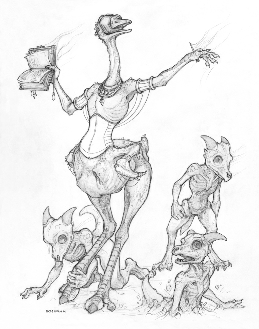 4_fingers ambiguous_gender avian bird blindfold book death ecmajor fingers group hi_res kobold lizard magic_user monochrome necromancer necromancy ostrich ratite reptile scalie standing traditional_media_(artwork) undead zombie