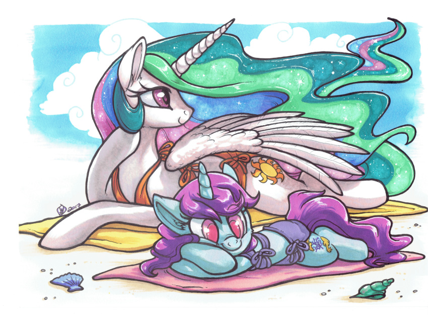 2017 alicorn alpha_channel beach bikini clothed clothing cloud cutie_mark duo equid equine eyelashes fan_character feathered_wings feathers female feral friendship_is_magic hair hasbro hi_res hooves horn letterbox long_hair lying mammal marker_(artwork) multicolored_hair my_little_pony mythological_creature mythological_equine mythology on_front on_towel outside pink_eyes portrait princess_celestia_(mlp) purple_eyes purple_hair rainbow_hair sand seashell seaside shell signature sky smile swimwear towel traditional_media_(artwork) unicorn white_body white_feathers whitediamonds wings