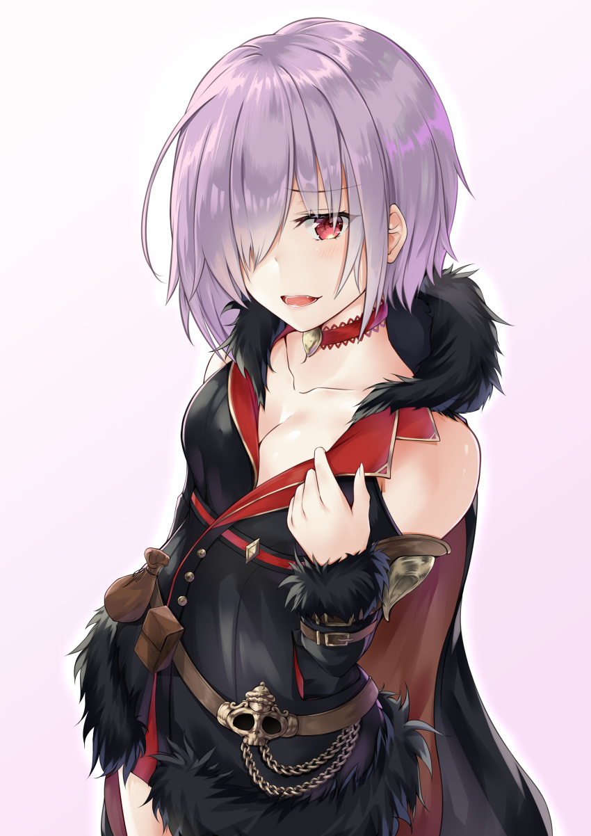 absurdres bare_shoulders breasts cape choker cleavage commentary_request female fur_trim hair_over_one_eye highres hood hoodie kasoke_no_tsubasa long_sleeves looking_at_viewer medium_breasts open_mouth red_eyes shadowverse shingeki_no_bahamut simple_background solo upper_body white_background white_hair wizardess_of_oz