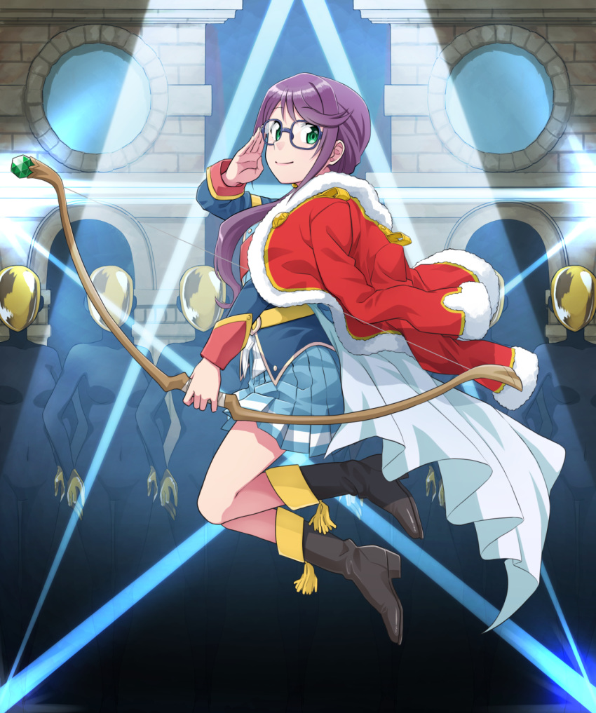 adjusting_eyewear bad_id bad_pixiv_id black_footwear blue-framed_eyewear blue_skirt boots bow_(weapon) cape coat commentary_request female full_body glasses green_eyes hand_up highres hoshimi_junna indoors long_hair looking_at_viewer mannequin midair purple_hair red_coat rurie_(lourie) salute shoujo_kageki_revue_starlight skirt smile solo stage_lights uniform weapon white_cape window