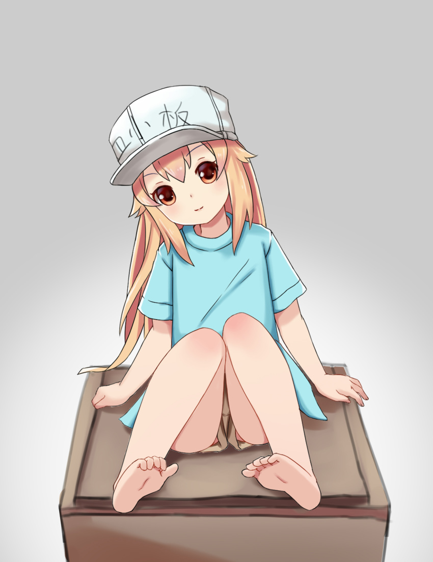 bare_legs barefoot blonde_hair blue_shirt blush commentary_request feet female hat hataraku_saibou highres long_hair partial_commentary photoshop_(medium) platelet_(hataraku_saibou) shirt shorts simple_background smile soles solo t-shirt the_hermit toes yellow_eyes