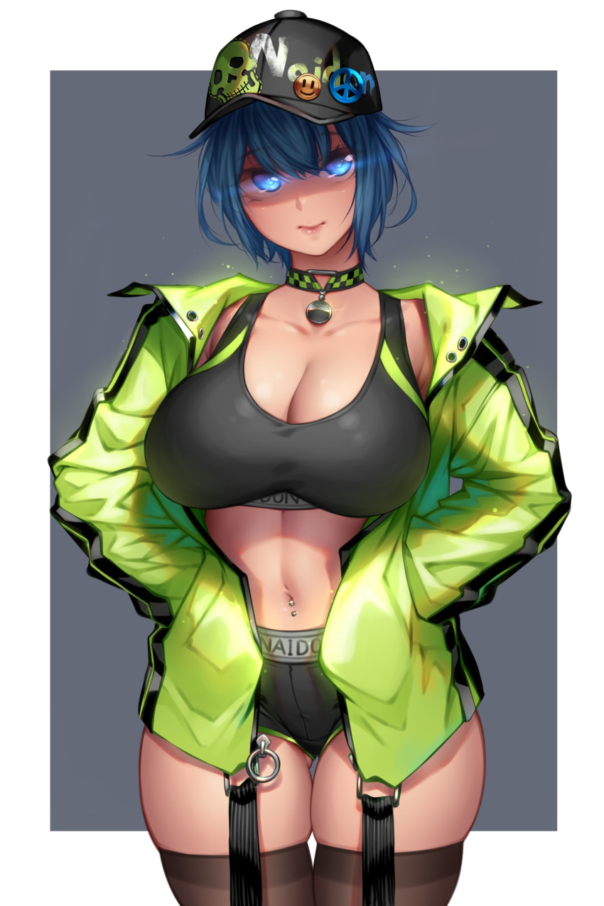 baseball_cap blue_eyes blue_hair breasts choker cleavage glowing glowing_eyes hands_in_pockets hat highres jacket large_breasts navel_piercing original piercing short_hair sports_bra thighhighs yin-ting_tian