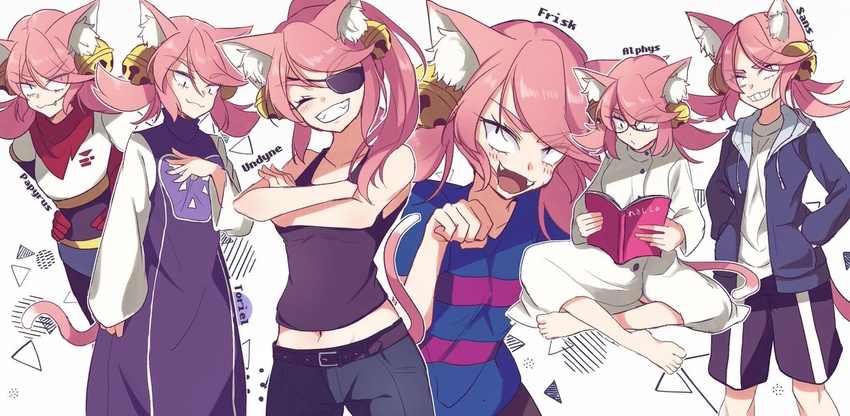 alphys_(cosplay) animal_ears book cat_ears cosplay eyepatch female glasses mad_mew_mew magical_girl pink_hair ponytail sans_(cosplay) tail toriel_(cosplay) undertale undyne_(cosplay)