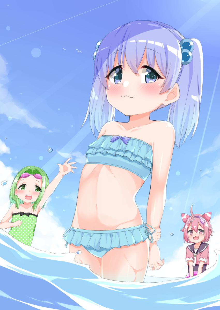 3girls :3 :d absurdres ahoge arm_up bad_id bad_pixiv_id bare_arms bare_shoulders bikini black_bow black_one-piece_swimsuit black_sailor_collar blue_bikini blue_eyes blue_hair blue_sky blush bow cacao_(chocolat) casual_one-piece_swimsuit closed_mouth cloud collarbone commentary day fingernails frilled_bikini frilled_one-piece_swimsuit frills green_eyes green_hair green_one-piece_swimsuit groin hair_between_eyes hair_bobbles hair_ornament highres long_hair morinaka_kazaki multiple_girls navel nijisanji one-piece_swimsuit open_mouth outdoors outstretched_arm pink_hair red_eyes red_shirt round_teeth sailor_collar shirt short_hair short_sleeves side-tie_bikini_bottom sky smile standing strapless strapless_bikini swimsuit swimsuit_under_clothes teeth twintails upper_teeth_only ushimi_ichigo v_arms virtual_youtuber wading water wet yuuki_chihiro