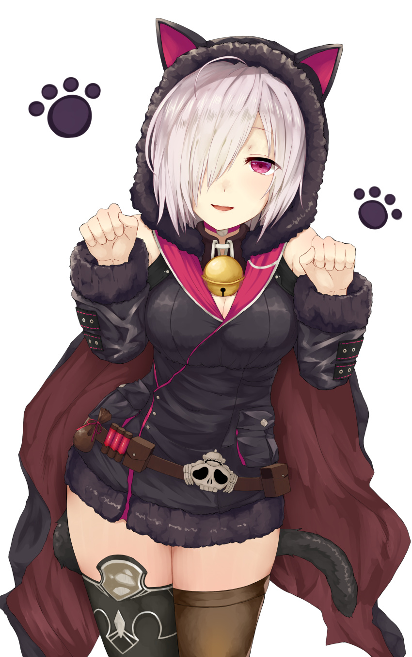 absurdres animal_ears breasts cape cat_ears cleavage commentary_request female fur_trim hair_over_one_eye highres hood hood_up hoodie large_breasts legs long_sleeves looking_at_viewer parted_lips red_eyes shadowverse shingeki_no_bahamut short_hair simple_background solo thighhighs thighs white_hair wizardess_of_oz yamato_(muchuu_paradigm)