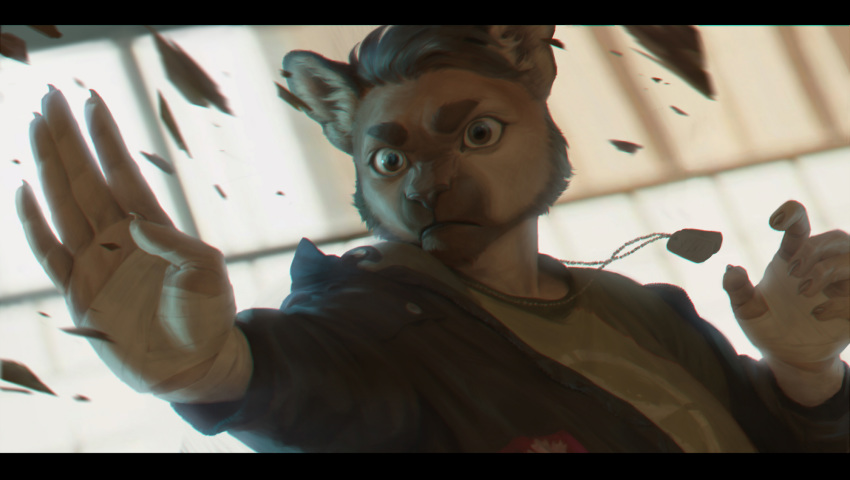 anthro black_bars bust_portrait clothed clothing cougar digital_media_(artwork) dog_tags felid feline fighting_pose front_view fully_clothed gwnf74 hi_res jacket letterbox male mammal portrait pose ralph_belachuk shards solo terry_grimm topwear wind