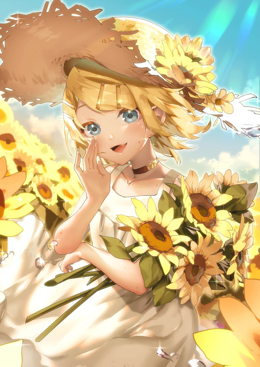 :d blonde_hair blue_eyes blue_sky bouquet choker cloud collar collarbone commentary day dress female field floating_hair flower flower_field hair_ornament hat highres holding holding_bouquet kagamine_rin looking_at_viewer open_mouth outdoors parted_bangs photoshop_(medium) sawashi_(ur-sawasi) short_hair sky sleeveless sleeveless_dress smile solo sparkle standing straw_hat sun_hat sundress sunflower sunflower_field sunlight sweatdrop symbol-only_commentary vocaloid water_drop white_dress yellow_flower yellow_hat