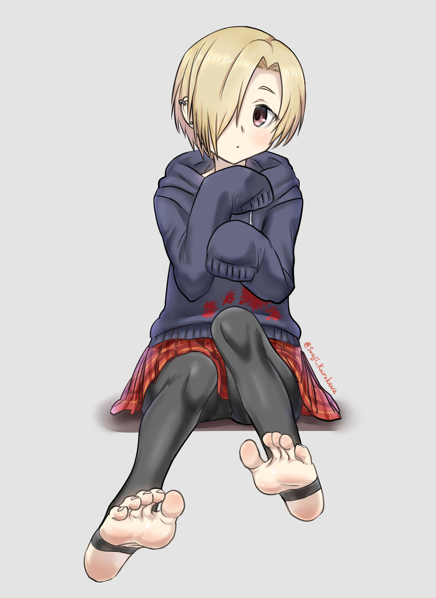 absurdres bad_id bad_pixiv_id barefoot blonde_hair brown_eyes ear_piercing earrings feet female full_body hair_over_one_eye highres hood hood_down hoodie idolmaster idolmaster_cinderella_girls jewelry leggings looking_at_viewer piercing plaid plaid_skirt pleated_skirt shadow shirasaka_koume short_hair simple_background sitting skirt sleeves_past_fingers sleeves_past_wrists soles solo souji_kurokawa toeless_legwear toes