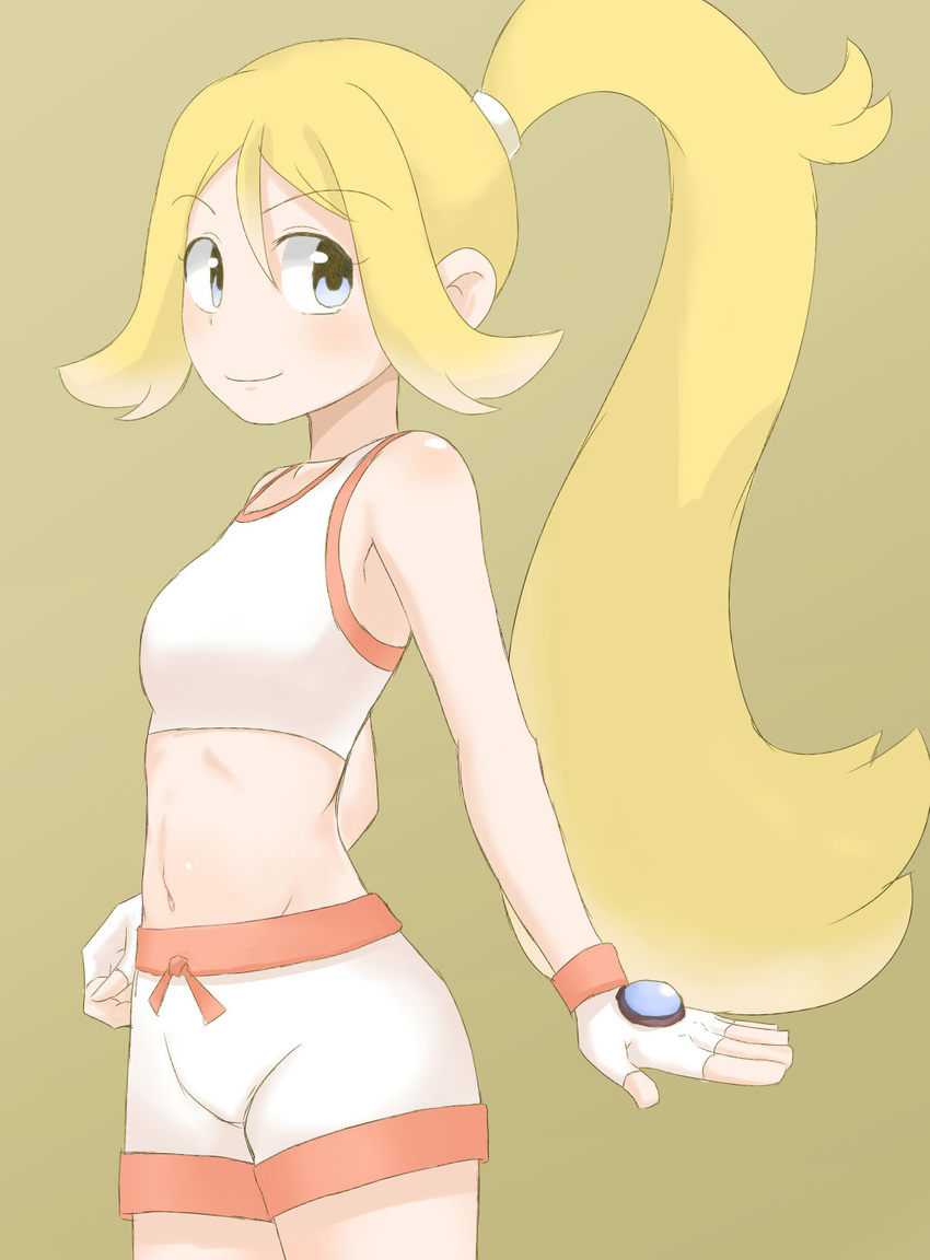 blonde_hair blue_eyes breasts edf-goma female fingerless_gloves gym_leader high_ponytail koruni_(pokemon) long_hair midriff navel nintendo pokemon pokemon_(anime) pokemon_(game) pokemon_xy ponytail smile solo tagme very_long_hair