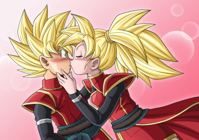 1boy beat_(dragon_ball) blonde_hair blush closed_eyes commentary_request dragon_ball dragon_ball_heroes female green_eyes karoine kissing note_(dragon_ball) photoshop_(medium) ponytail saiyan straight super_saiyan super_saiyan_1 surprised tail