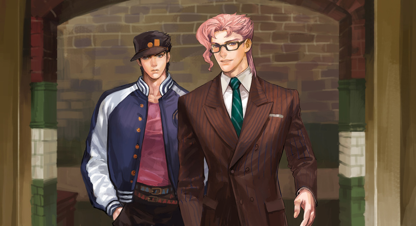 2boys avicy black_hair brick_wall commentary cosplay formal gary_unwin gary_unwin_(cosplay) glasses hands_in_pockets harry_hart harry_hart_(cosplay) hat jacket jojo_no_kimyou_na_bouken kakyoin_noriaki kingsman:_the_secret_service kujo_jotaro male_focus multiple_boys necktie parody photoshop_(medium) pink_hair striped_suit suit