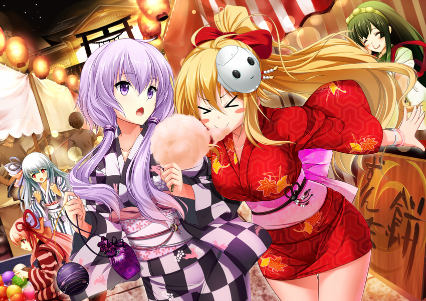 >_< 5girls blonde_hair blood blush_stickers bow bracelet candy closed_eyes commentary_request cotton_candy eating festival floral_print food fujino_(yoshi9798174) green_hair hair_ornament hair_ribbon hairband hairbow highres holding holding_food japanese_clothes jewelry kimono kinchaku kotonoha_akane kotonoha_aoi lantern leaf_print long_hair mask multiple_girls night nosebleed open_mouth paper_lantern ponytail pouch purple_eyes purple_hair red_eyes red_hair ribbon sash short_kimono short_yukata siblings sisters smile summer_festival torii touhoku_zunko tsurumaki_maki twintails vocaloid voiceroid water_balloon water_yoyo white_hair yo-yo_fishing yukata yuzuki_yukari