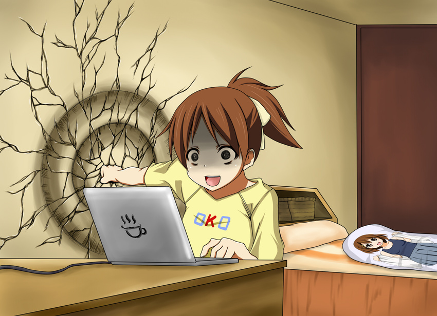 bed brown_eyes brown_hair cable clothes_writing commentary_request computer crack crazy crazy_eyes dakimakura_(object) death_flag female hair_ribbon hirasawa_ui hirasawa_yui indoors k-on! laptop looking_at_screen open_mouth outstretched_arm pillow ponytail punching raised_eyebrows ribbon samuraichamp shaded_face shirt short_hair short_sleeves solo strong teeth traditional_media upper_teeth_only wide-eyed yandere yellow_shirt