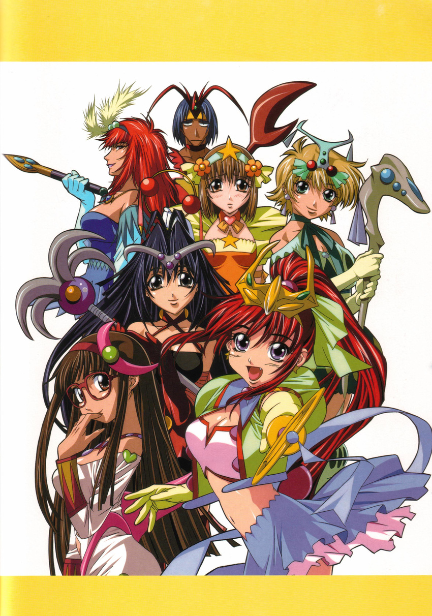 1boy 6+girls absurdres bare_shoulders brown_hair character_request choker crescent crossdressing fantasy glasses gotou_keiji hairband halterneck highres himekawa_sara kiribayashi_azumi kuon_nanase kusanagi_shizuma long_hair magical_girl midriff mitsurugi_ryouko multiple_girls navel odd_one_out official_art onizuka_miyuki photoshop_(medium) real_bout_high_school red-framed_eyewear red_hair short_hair skirt staff tiara wand yuuki_hitomi