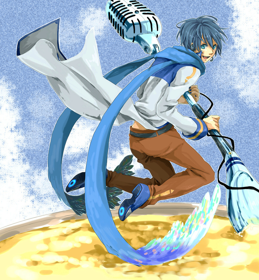 1boy blue_eyes blue_hair blue_scarf commentary_request creamyya highres kaito_(vocaloid) male_focus microphone scarf smile solo vocaloid