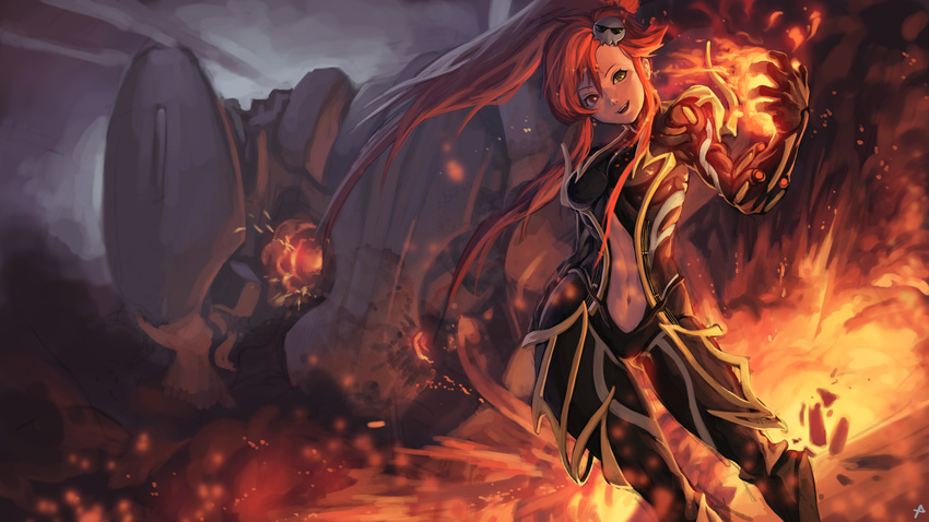 absurdres bodysuit center_opening ember_(warframe) fire hair_ornament highres long_hair penett ponytail red_hair tengen_toppa_gurren_lagann warframe yoko_littner