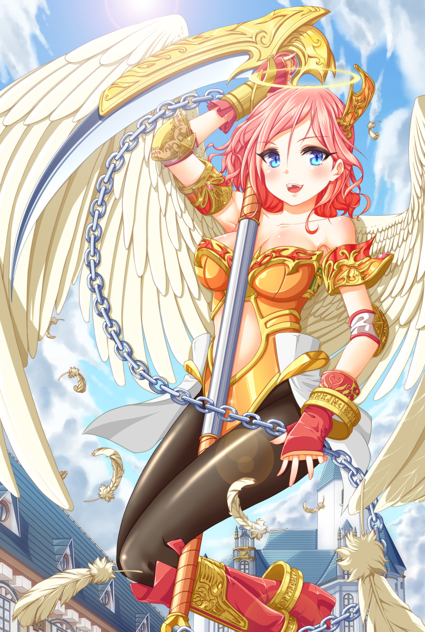 absurdres angel blue_eyes breasts chains cleavage commentary_request da-mii day feathers female highres large_breasts original partial_commentary photoshop_(medium) pink_hair scythe sky smile solo wings