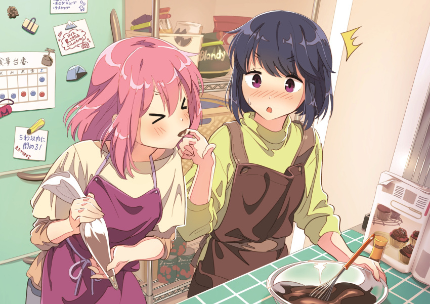 >_< 2girls ^^^ apron bag blue_hair blush bowl can chocolate chocolate_making chocolate_on_hand closed_eyes commentary food food_on_hand highres holding_pastry_bag hotaru_iori ichimi_renge indoors kagamihara_nadeshiko kitchen licking licking_finger looking_at_another magazine_(object) magnet mixing_bowl muffin multiple_girls open_mouth overalls pastry_bag pink_hair purple_eyes refrigerator refrigerator_magnet second-party_source shima_rin shirt short_hair sticky_note surprised sweat tasting valentine whisk yuri yurucamp