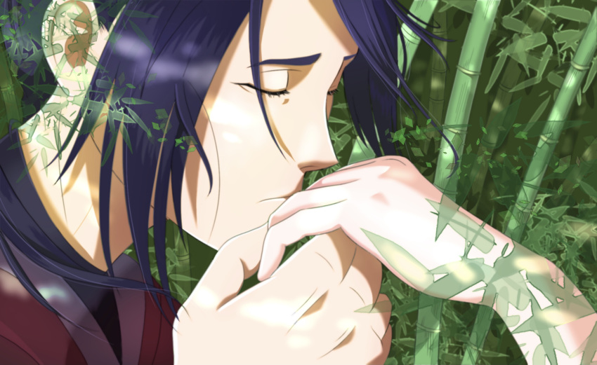 1boy black_hair closed_eyes day green_background highres kaizoku_oujo kissing kissing_hand long_hair male_focus mouohnosatoshi outdoors solo yukimaru_(kaizoku_oujo)