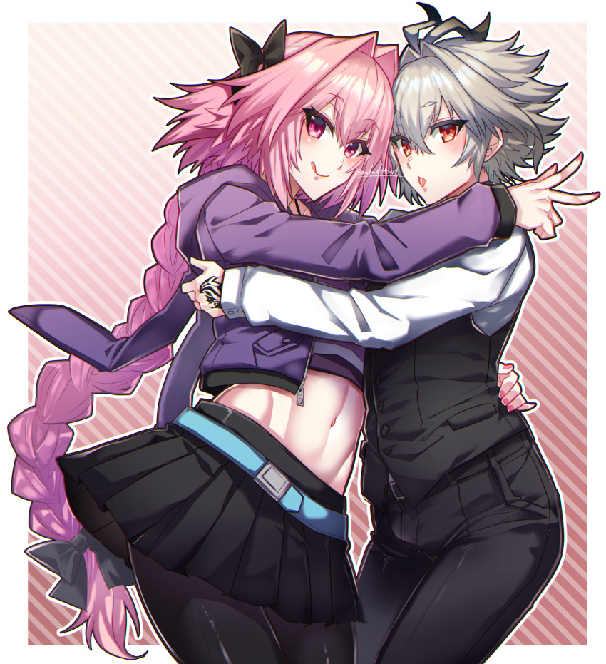 2boys astolfo_(fate) astolfo_(memories_at_trifas)_(fate) bare_shoulders black_pantyhose blush bow braid crop_top crossdressing fate/apocrypha fate/grand_order fate_(series) grey_hair hair_between_eyes hairbow haoro highres long_hair looking_at_viewer male_focus midriff multiple_boys navel official_alternate_costume otoko_no_ko pantyhose pink_hair pleated_skirt purple_eyes red_eyes sieg_(fate) signature single_braid skirt very_long_hair