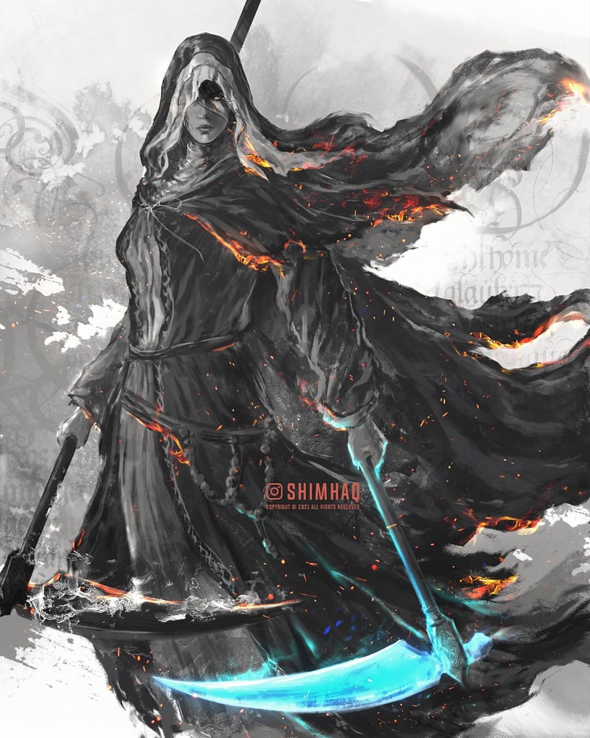 closed_mouth commentary dark_souls_(series) dark_souls_iii english_commentary female habit highres holding holding_scythe hood hood_up long_hair looking_at_viewer nun one_eye_covered rosary scythe shimhaq sister_friede solo veil