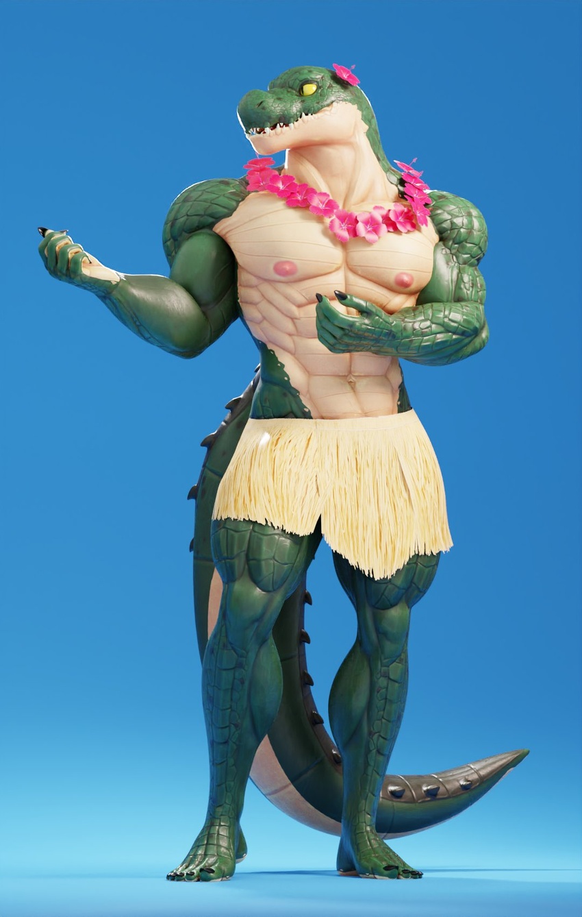 2022 3d_(artwork) abs anthro barefoot biceps big_muscles blue_background bottomwear claws clothed clothing connivingrat crocodile crocodilian crocodylid crossdressing digital_media_(artwork) feet flower flower_necklace flower_on_head grass_skirt helm_(connivingrat) hi_res huge_muscles hula hula_dancer jewelry male muscular muscular_anthro muscular_male navel necklace nipples non-mammal_nipples obliques pecs plant plantigrade quads reptile scales scalie simple_background skirt smile solo standing teeth topless topless_anthro topless_male