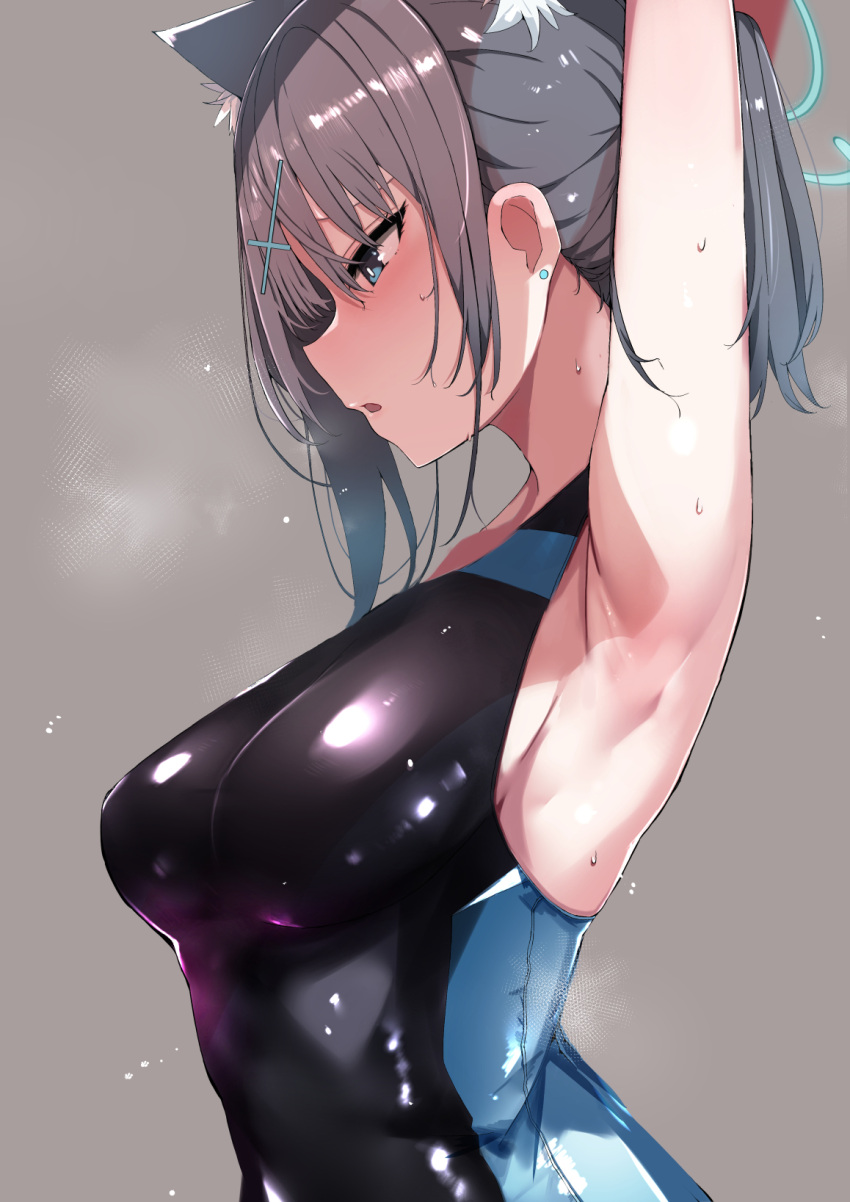 animal_ear_fluff animal_ears armpits arms_up black_one-piece_swimsuit blue_archive breasts commentary_request competition_swimsuit cross_hair_ornament extra_ears female grey_hair hair_ornament halo highleg highleg_swimsuit highres medium_hair multicolored_clothes multicolored_swimsuit muoto official_alternate_costume one-piece_swimsuit ponytail shiroko_(blue_archive) shiroko_(swimsuit)_(blue_archive) swimsuit two-tone_swimsuit wolf_ears