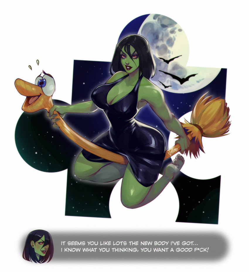 alternate_form bad_end banjo-kazooie barefoot bat_(animal) black_dress black_hair breasts broom broom_riding colored_skin covered_nipples curvy dialogue_box dress english_commentary english_text eyeshadow female flying full_body full_moon green_skin gruntilda_winkybunion highres large_breasts lipstick looking_at_viewer makeup moon narrow_waist paid_reward_available plantar_flexion plunging_neckline profanity purple_eyeshadow puzzle_piece red_eyes red_lips revision short_dress short_hair soles solo starry_background toes vero witch