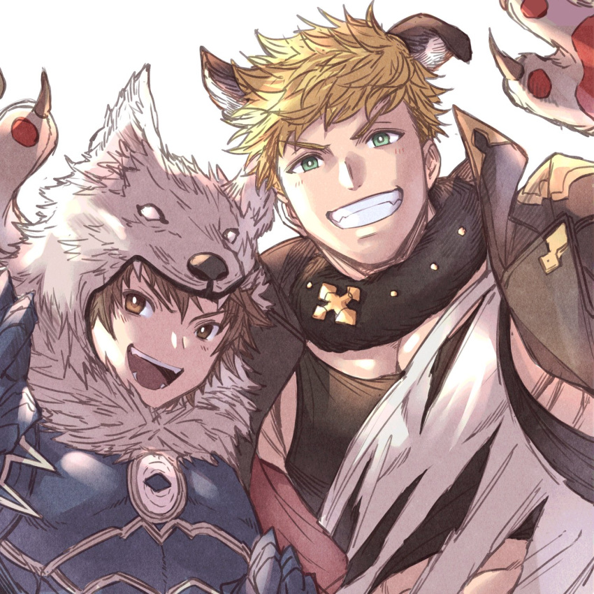 2boys animal_costume animal_hands armor bara berserker_(granblue_fantasy) black_tank_top blonde_hair brown_eyes brown_hair clothing_cutout commentary cross-laced_clothes cross-laced_cutout fangs fangs_out fur_collar gloves gran_(granblue_fantasy) granblue_fantasy green_eyes highres jacket large_pectorals looking_at_viewer male_focus multiple_boys muscular muscular_male official_alternate_costume open_clothes open_jacket open_mouth paw_gloves paw_pose pectoral_cleavage pectorals pelt shirt short_hair sidepec smile symbol-only_commentary tank_top teeth torn_clothes torn_shirt upper_body vane_(granblue_fantasy) vane_(halloween)_(granblue_fantasy) white_background white_shirt wolf_boy wolf_costume wolf_hat wolf_pelt zanki