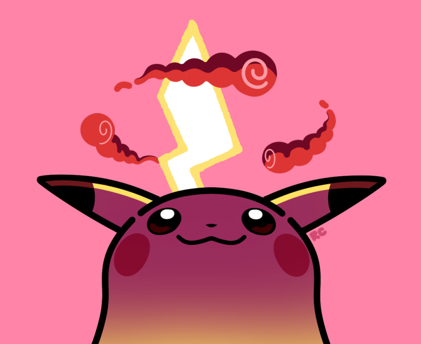 :3 artsy-rc closed_mouth cloud commentary english_commentary gigantamax gigantamax_pikachu no_humans pikachu pink_background pink_theme pokemon pokemon_(creature) signature simple_background smile solo