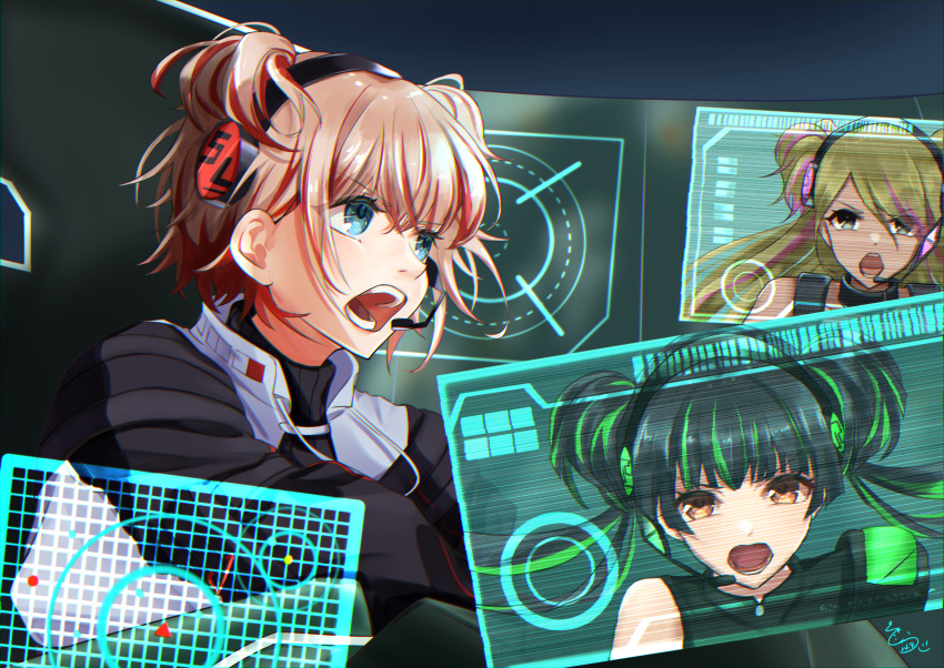 3girls absurdres alternate_hairstyle black_hair blonde_hair brown_eyes brown_hair cockpit gradient_hair graph graph_(object) headset highres holographic_interface holographic_monitor idolmaster idolmaster_shiny_colors inset izumi_mei jacket long_hair mayuzumi_fuyuko multicolored_hair multiple_girls open_mouth pilot radar_chart serizawa_asahi short_hair signature sodemaru_unagi straylight_(idolmaster) streaked_hair sweater turtleneck turtleneck_sweater white_hair