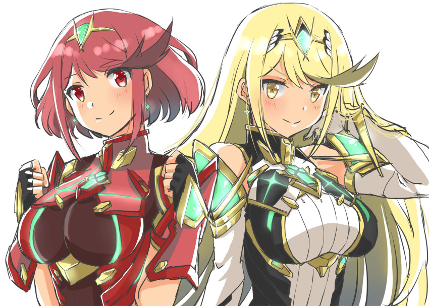 2girls back-seamed_legwear bad_id bad_twitter_id bare_shoulders black_gloves blonde_hair bob_cut breasts chest_jewel clothing_cutout dress earrings elbow_gloves fingerless_gloves gem gloves headpiece highres jewelry long_hair miniskirt multiple_girls mythra_(massive_melee)_(xenoblade) mythra_(xenoblade) pyra_(xenoblade) red_eyes red_hair seamed_legwear shiroxai short_hair short_sleeves skirt sleeveless sleeveless_dress super_smash_bros. swept_bangs tiara very_long_hair white_gloves white_skirt xenoblade_chronicles_(series) xenoblade_chronicles_2 yellow_eyes