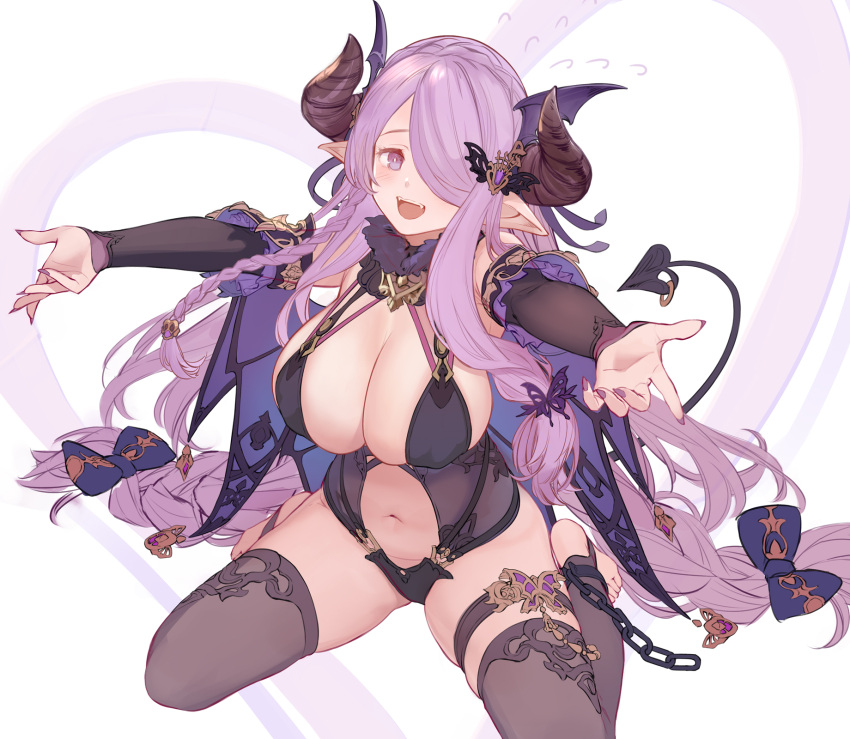 :d black_thighhighs breasts cleavage commentary demon_tail detached_sleeves draph female fingernails granblue_fantasy hair_over_one_eye hair_spread_out halloween_costume highres horns large_breasts long_fingernails long_hair looking_at_viewer narmaya_(granblue_fantasy) navel oerba_yun_fang open_mouth purple_eyes purple_hair purple_nails simple_background sitting smile solo tail thigh_strap thighhighs u_jie very_long_hair wariza white_background