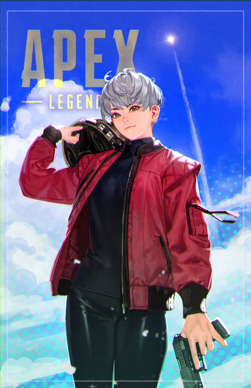 apex_legends bad_id bad_twitter_id black_pants black_sweater brown_eyes cloud copyright_name female grey_hair gun hair_behind_ear handgun helmet highres holding holding_gun holding_helmet holding_weapon jacket logo p2020_(pistol) pants passimo red_jacket short_hair sky smile solo sweater trigger_discipline unworn_headwear unworn_helmet valkyrie_(apex_legends) weapon