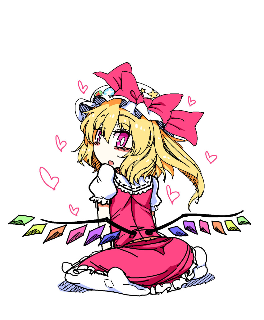 blonde_hair bow bright_pupils female flandre_scarlet from_behind hat hat_bow heart highres looking_at_viewer looking_back medium_hair mob_cap parted_lips pink_bow pink_eyes pink_skirt pink_vest puffy_short_sleeves puffy_sleeves shirt short_sleeves side_ponytail simple_background sitting skirt solo touhou vest wariza white_background white_hat white_pupils white_shirt wings yassy