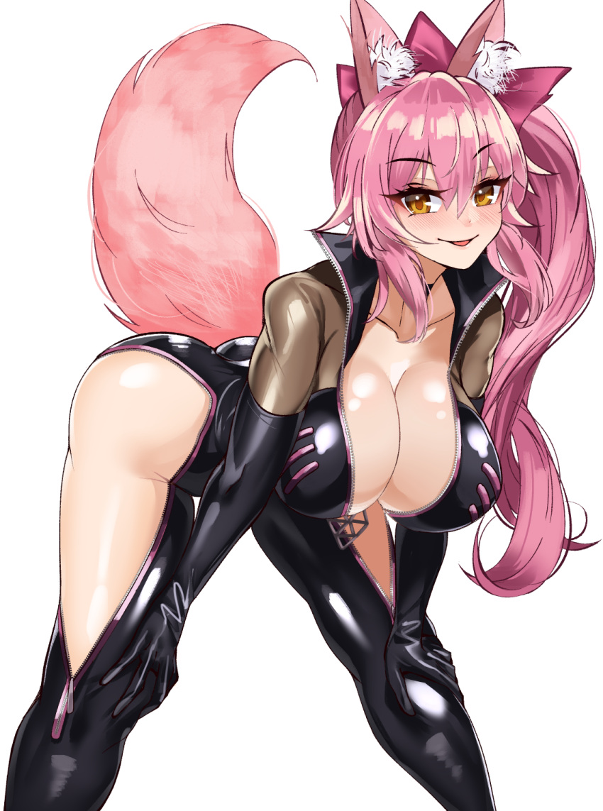 animal_ear_fluff animal_ears black_bodysuit blush bodysuit bow breasts center_opening choker cleavage fate/grand_order fate_(series) female fox_ears fox_girl fox_tail hair_between_eyes hairbow highres hip_vent koyanskaya_(assassin)_(first_ascension)_(fate) koyanskaya_(fate) large_breasts leaning_forward long_hair looking_at_viewer open_mouth pink_bow pink_hair ponytail shiny_clothes sidelocks smile solo tail tamamo_(fate) thighs volyz yellow_eyes