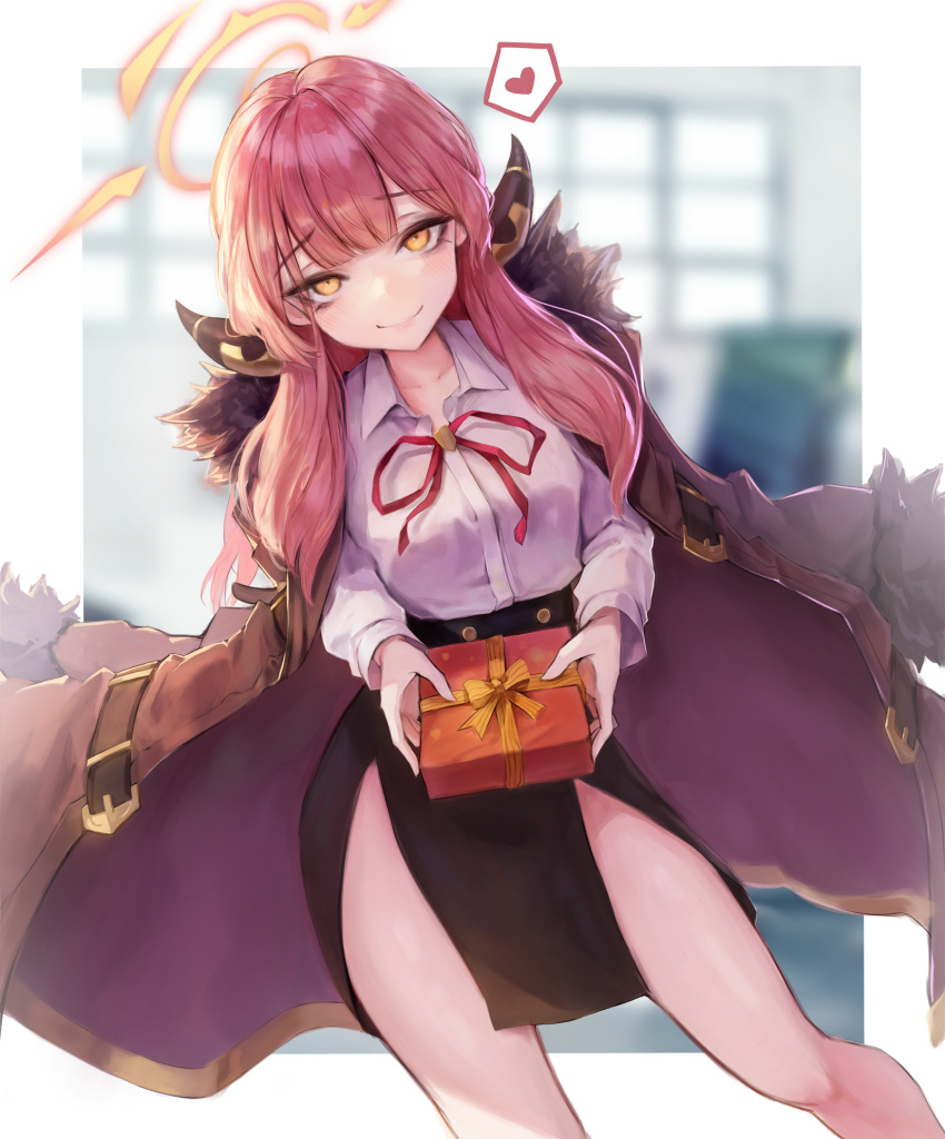 aru_(blue_archive) bare_legs black_skirt blue_archive blush box breasts brown_coat coat coat_on_shoulders collared_shirt commentary female fur-trimmed_coat fur_trim gift gift_box halo highres holding holding_gift horns leaning_to_the_side leviathan_(hikinito0902) long_hair long_sleeves looking_at_viewer medium_breasts medium_skirt red_hair ribbon shirt skirt smile solo standing white_shirt yellow_eyes