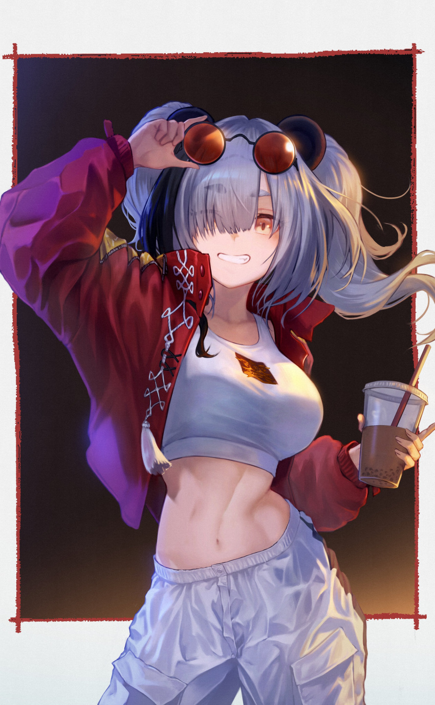 ;) absurdres animal_ears arknights arm_up black_background border breasts bubble_tea commentary_request contrapposto cowboy_shot cup disposable_cup eyewear_on_head feater_(arknights) feater_(gourmet)_(arknights) female grey_hair grin hair_over_one_eye highres holding holding_cup jacket linea_alba long_hair looking_at_viewer medium_breasts midriff navel official_alternate_costume one_eye_closed open_clothes open_jacket outside_border panda_ears pants red_jacket round_eyewear smile solo sports_bra standing stomach sunglasses twintails twisted_torso white_pants white_sports_bra yasu_(segawahiroyasu) yellow_eyes