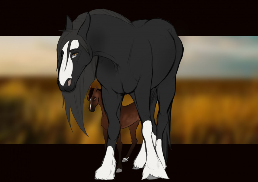 ambiguous_gender angellsview3 black_body black_hair black_mane black_tail brown_body clyde_(wasen) conditional_dnp digital_media_(artwork) draft_horse duo equid equine facial_markings feathering feral fur hair head_markings hooves horse looking_at_viewer mammal mane markings protective tail young