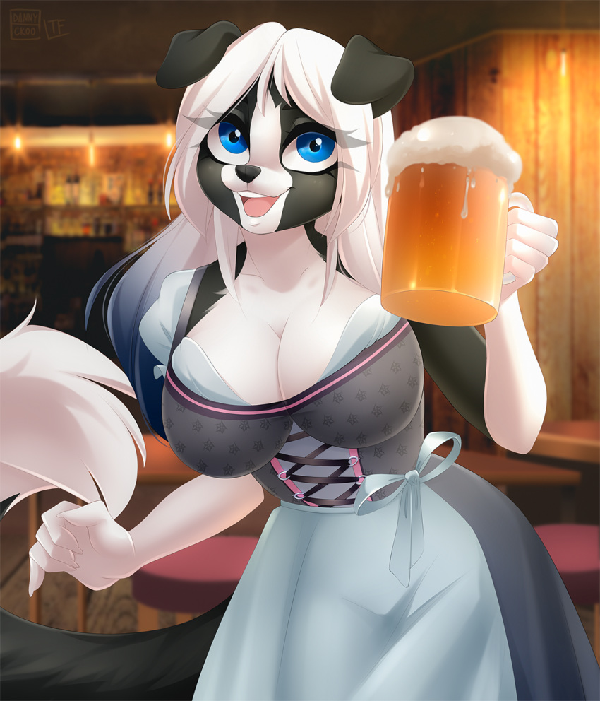 alcohol anthro bar barmaid beer beverage big_breasts black_body blue_eyes border_collie breasts canid canine canis cleavage clothed clothing collie container cup dannyckoo domestic_dog dress drinking_glass female glass glass_container glass_cup hair herding_dog hi_res holidays lace looking_at_viewer mammal oktoberfest pastoral_dog sheepdog smile solo tresertf waist_bow white_body white_hair