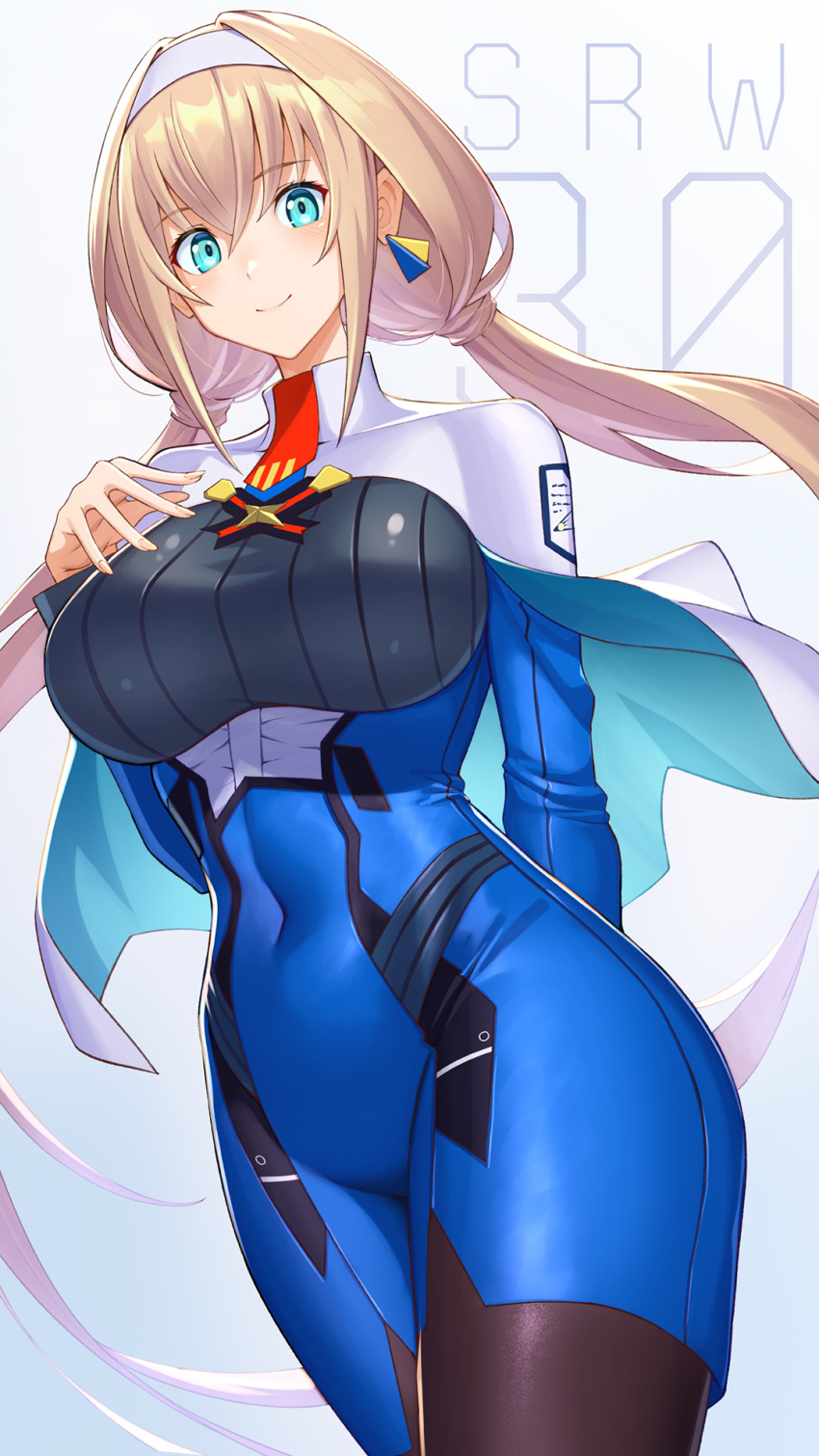 arm_behind_back blonde_hair blue_eyes blush bodysuit breasts capelet closed_mouth commentary_request covered_navel dress earrings female hairband hand_up highres jewelry long_sleeves looking_at_viewer low_twintails medium_breasts mitsuba_greyvalley pantyhose shiny_clothes short_dress simple_background single_earring smile solo super_robot_wars super_robot_wars_30 takamine_nadare turtleneck twintails uniform