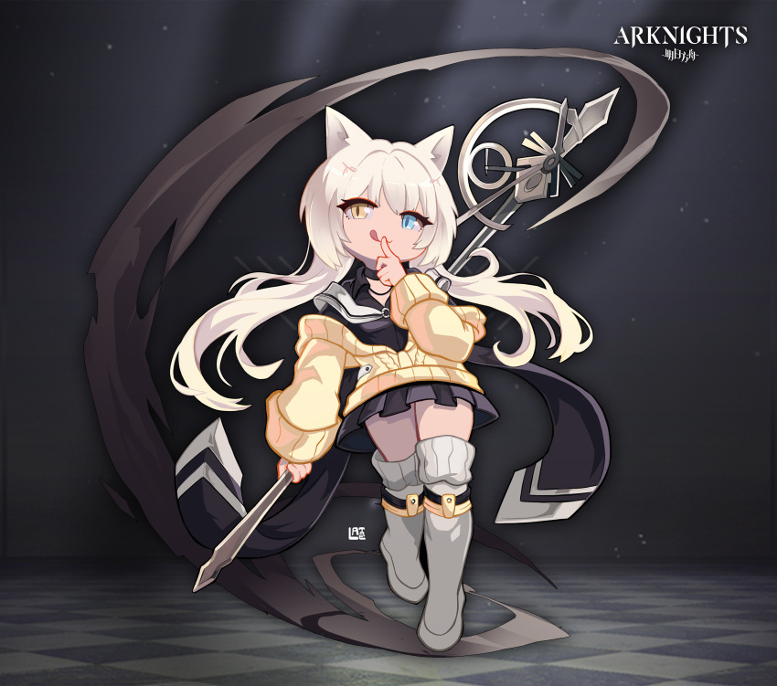 absurdres animal_ears arknights black_skirt blonde_hair blue_eyes boots cat_ears closed_mouth female heterochromia highres holding holding_wand index_finger_raised jacket lataedelan long_hair looking_at_viewer nightmare_(arknights) skirt smile solo thigh_boots thighhighs tongue tongue_out wand white_footwear yellow_eyes yellow_jacket