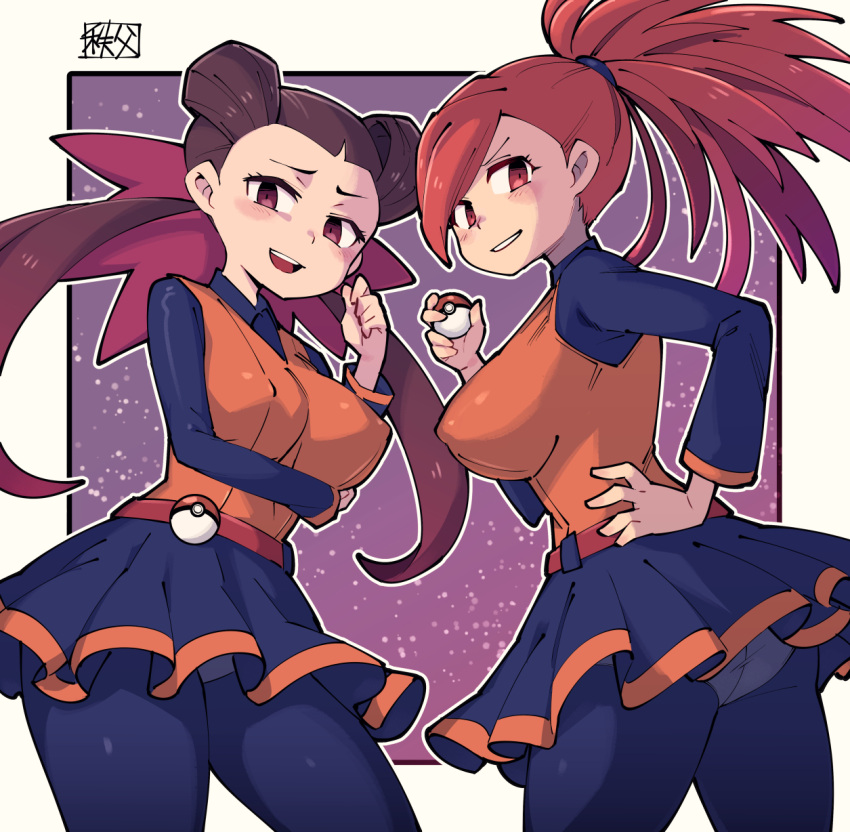 2girls ace_trainer_(pokemon) ace_trainer_(pokemon)_(cosplay) belt blue_shirt blue_skirt blush blush_stickers breasts brown_hair chichibu_(watson) collared_shirt commentary cosplay cowboy_shot eyelashes flannery_(pokemon) hair_ribbon hair_tie hand_on_own_hip highres holding holding_poke_ball long_hair long_sleeves looking_at_viewer multiple_girls open_mouth orange_vest panties panties_under_pantyhose pantyhose parted_lips pleated_skirt poke_ball poke_ball_(basic) pokemon pokemon_bw pokemon_oras red_belt red_eyes ribbon roxanne_(pokemon) shirt signature skirt smile teeth tied_hair tongue twintails underwear upper_teeth_only vest