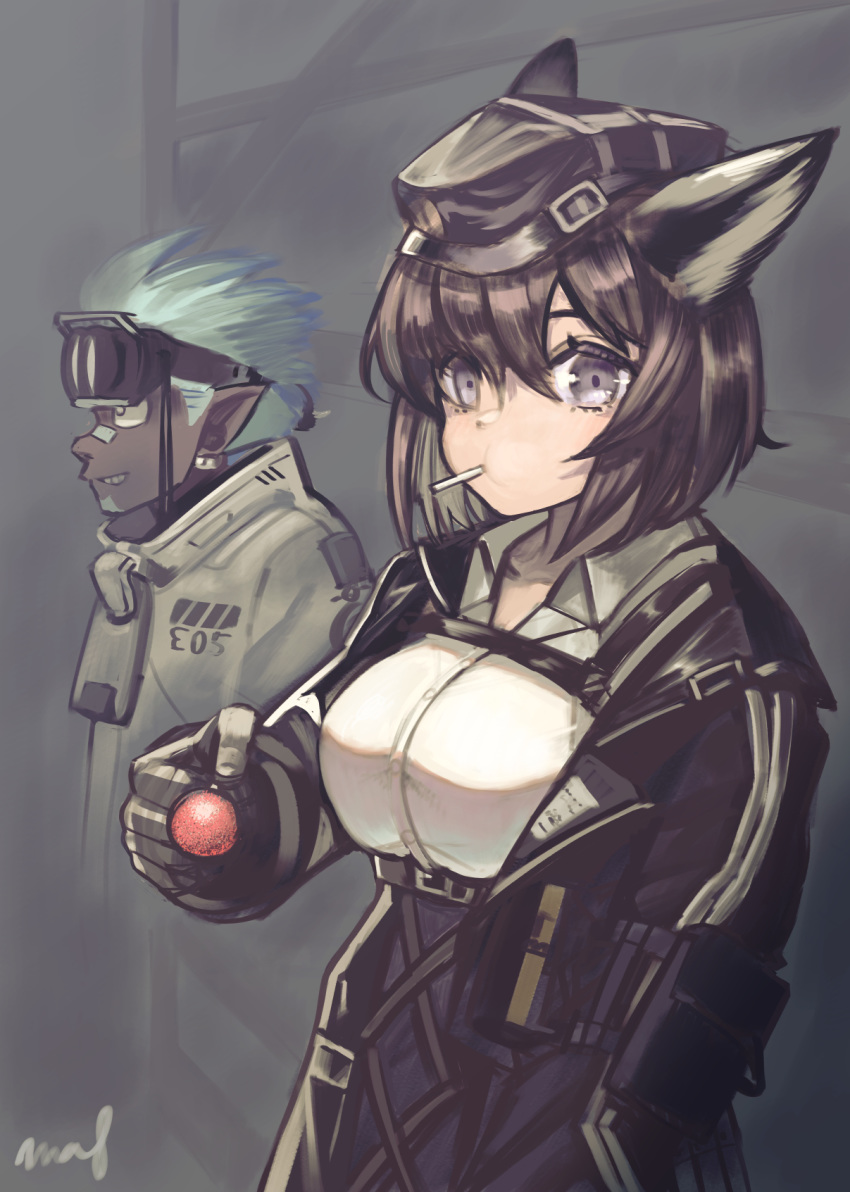 1boy animal_ears arknights artist_name bad_id bad_pixiv_id bandaid bandaid_on_face bandaid_on_nose black_headwear black_jacket blue_hair breast_strap candy commentary_request dark_skin dur-nar_(arknights) ethan_(arknights) female food food_in_mouth fox_ears giving hat highres jacket lollipop long_sleeves looking_at_viewer open_clothes open_jacket purple_eyes purple_hair short_hair signature upper_body wanko_(realsight) white_jacket