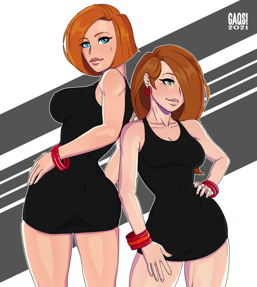 2girls absurdres ann_possible artist_name black_dress blue_eyes blush bracelet breasts cleavage dated dress earrings freckles g4qs green_eyes hair_over_one_eye hand_on_own_hip highres jewelry kim_possible kim_possible_(series) large_breasts looking_at_viewer medium_breasts medium_hair mother_and_daughter multiple_girls no_legwear orange_hair short_dress watermark