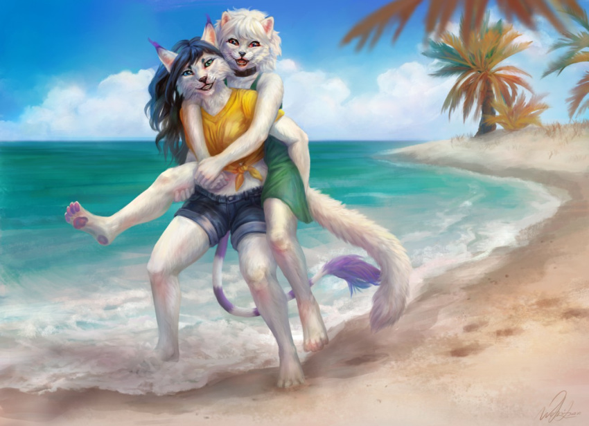 2020 4_toes 5_fingers anthro beach clothed clothing day detailed_background digital_media_(artwork) domestic_cat duo feet felid feline felis female fingers fur green_eyes hair mammal open_mouth outside sand seaside shoreline sky smile teeth toes tongue water white_body white_fur white_hair wolnir