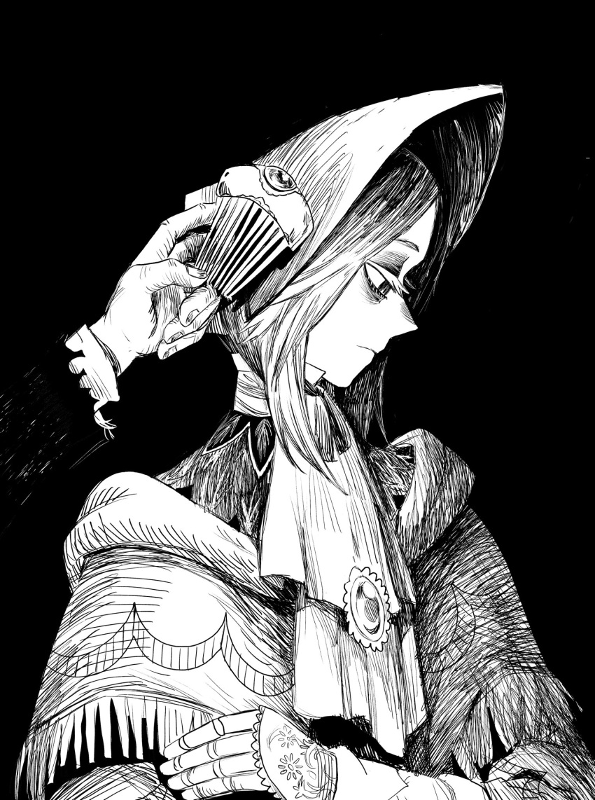 black_background bloodborne bonnet capelet cloak commentary crossed_arms doll_joints female floral_print from_side greyscale hand_up hat highres joints kuropin long_sleeves monochrome plain_doll profile short_hair solo_focus upper_body